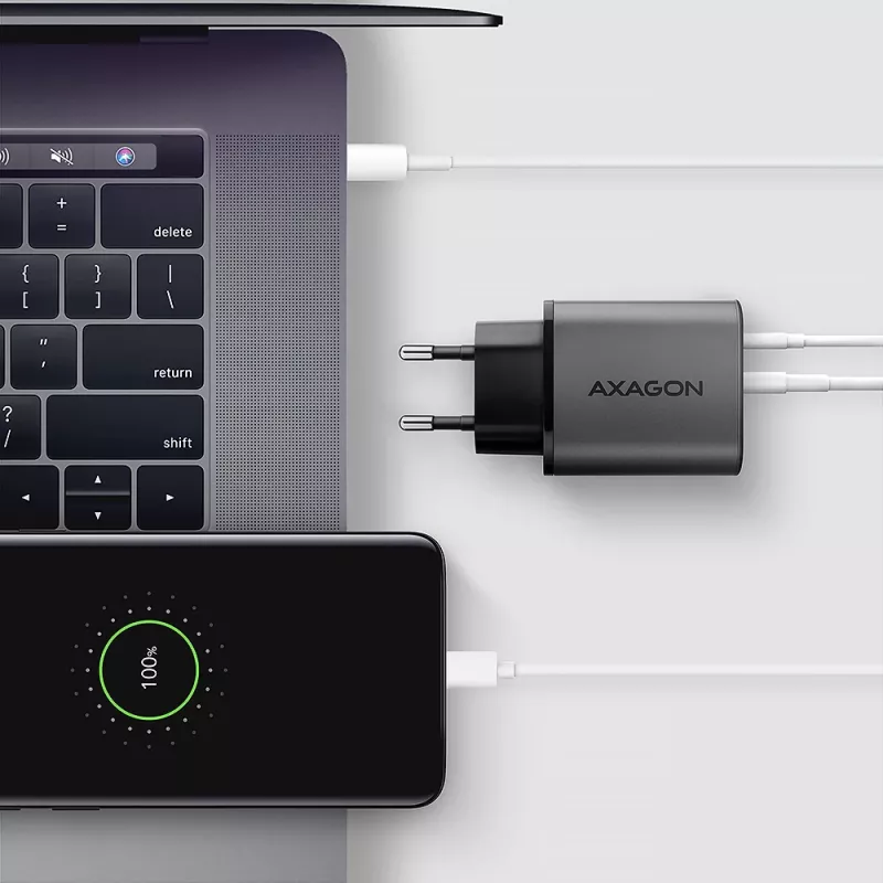 Fonte de alimentação AXAGON ACU-PQ67, 67W, PD3.0 + QC4+, 1x USB-C + 1x USB-A, 100–240V, cinzento/preto