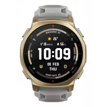 Smartwatch Amazfit T-rex 3 Pro 44 mm, 1,32 polegadas AMOLED 466×466, 16 GB, 64 MB RAM, GPS, Wi‑Fi, à prova de água até 45 m, caixa dourada, bracelete de silicone cinzento