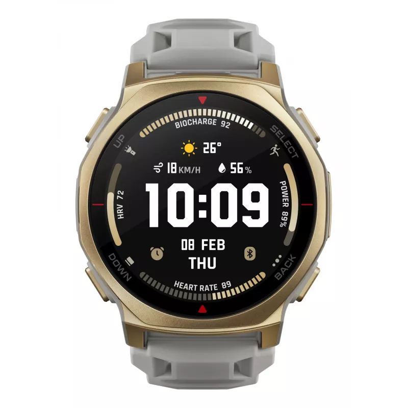 Smartwatch Amazfit T-rex 3 Pro 44 mm, 1,32 polegadas AMOLED 466×466, 16 GB, 64 MB RAM, GPS, Wi‑Fi, à prova de água até 45 m, caixa dourada, bracelete de silicone cinzento