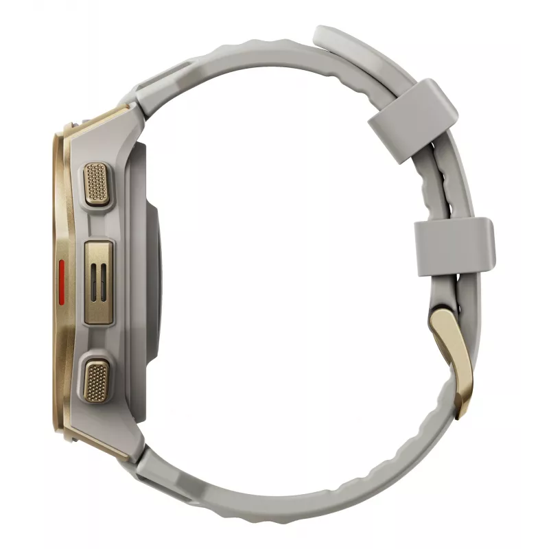 Smartwatch Amazfit T-rex 3 Pro 44 mm, 1,32 polegadas AMOLED 466×466, 16 GB, 64 MB RAM, GPS, Wi‑Fi, à prova de água até 45 m, caixa dourada, bracelete de silicone cinzento