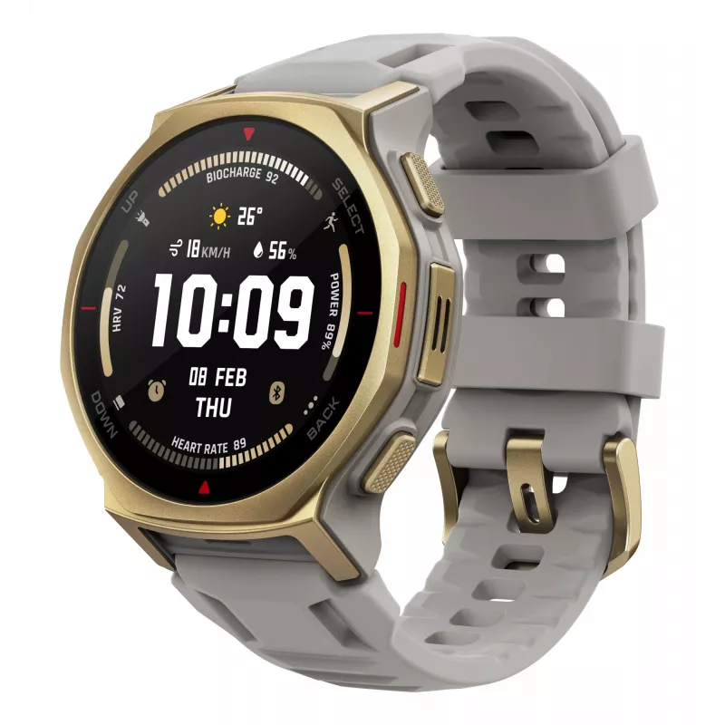 Smartwatch Amazfit T-rex 3 Pro 44 mm, 1,32 polegadas AMOLED 466×466, 16 GB, 64 MB RAM, GPS, Wi‑Fi, à prova de água até 45 m, caixa dourada, bracelete de silicone cinzento