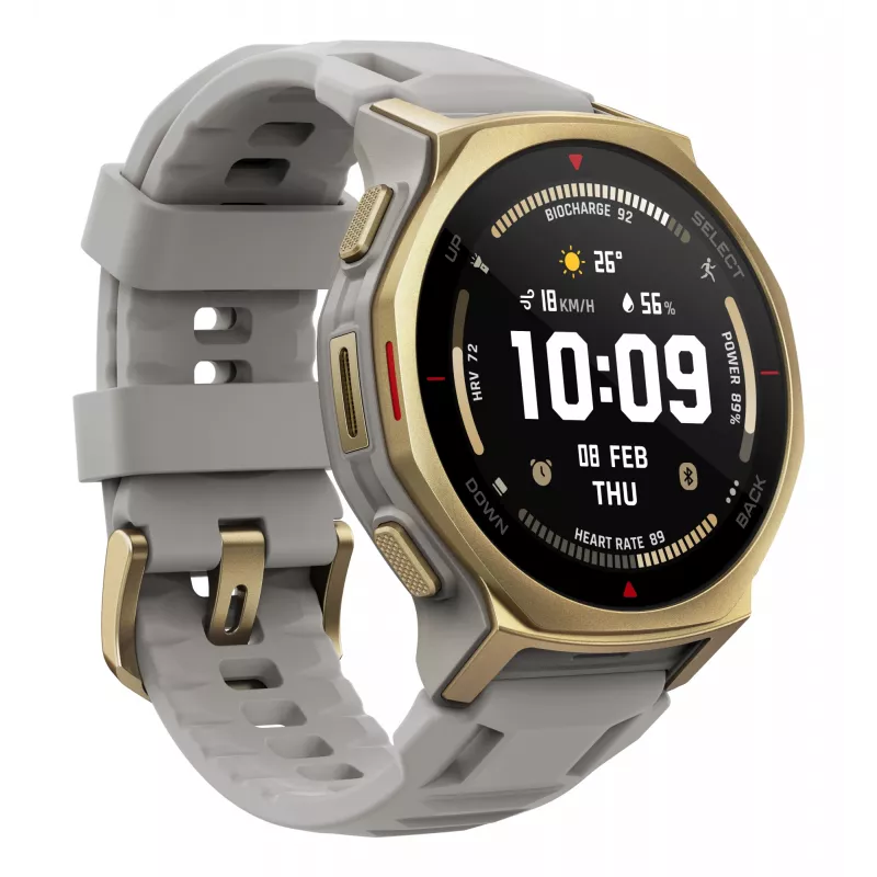 Smartwatch Amazfit T-rex 3 Pro 44 mm, 1,32 polegadas AMOLED 466×466, 16 GB, 64 MB RAM, GPS, Wi‑Fi, à prova de água até 45 m, caixa dourada, bracelete de silicone cinzento