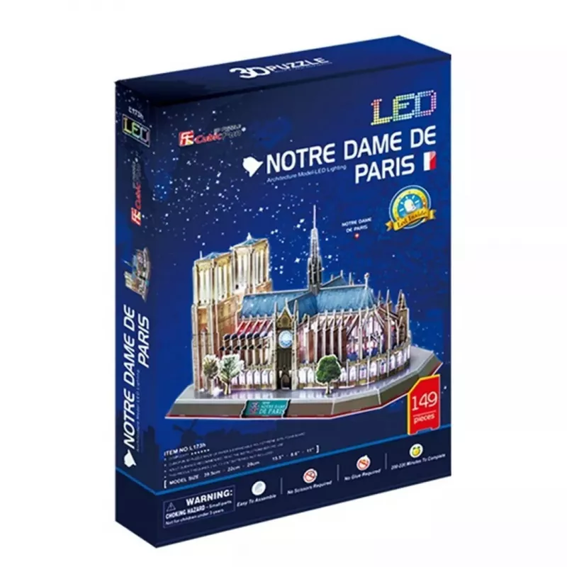 Puzzle 3D CubicFun Notre Dame (luz) — modelo DA-20509, edição leve iluminada