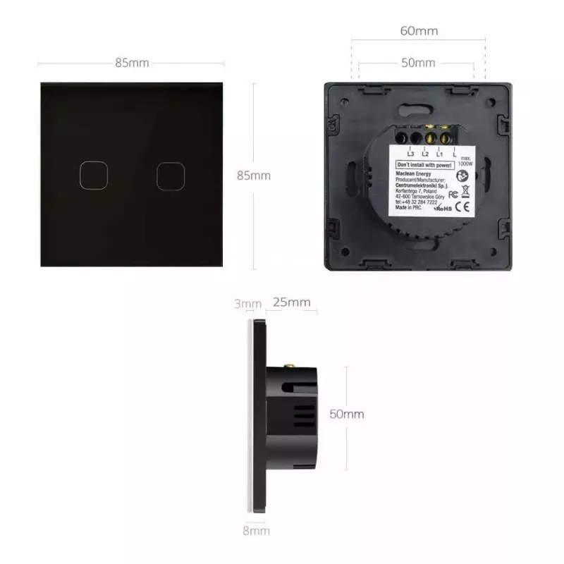 Interruptor de luz de parede MACLEAN MCE701B Toque simples, um compartimento, sobrepor