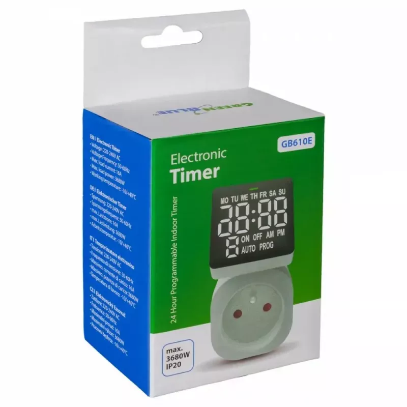 Temporizador digital GreenBlue GB610E, carga máx. 16A, IP20, ciclos de ligar/desligar programáveis