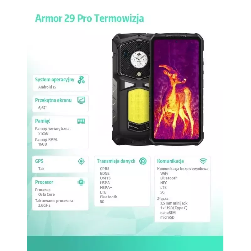 Smartphone UleFone Armor 29 Pro Thermal 5G 16/512GB smartphone robusto com câmara térmica, 16GB RAM, 512GB armazenamento