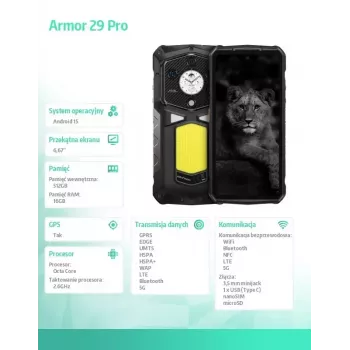 Smartphone UleFone Armor 29 Pro 5G 16/512GB preto, robusto 5G, 16GB RAM, 512GB armazenamento