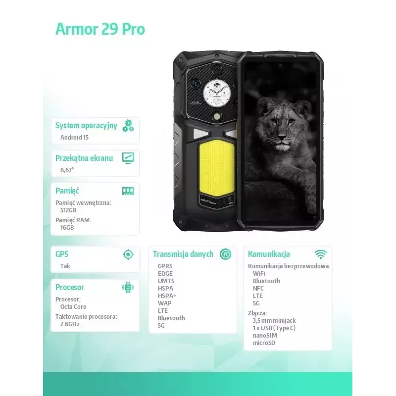 Smartphone UleFone Armor 29 Pro 5G 16/512GB preto, robusto 5G, 16GB RAM, 512GB armazenamento