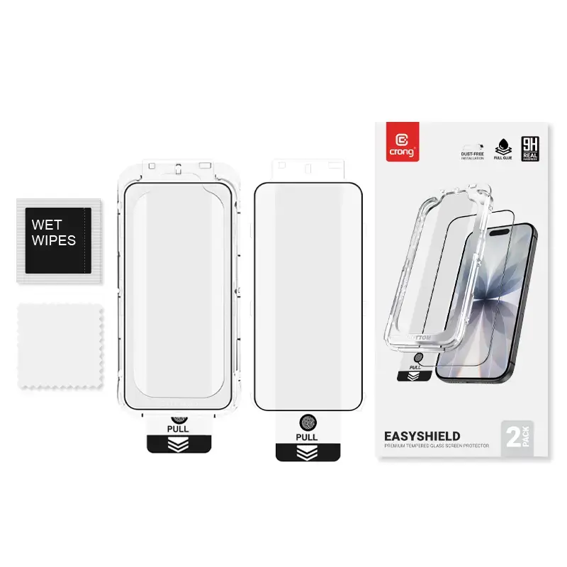 Protetor de ecrã em vidro temperado Crong EasyShield 2-Pack Full Glue para iPhone 16e / iPhone 14 / iPhone 13 / iPhone 13 Pro, aluminossilicato, brilhante