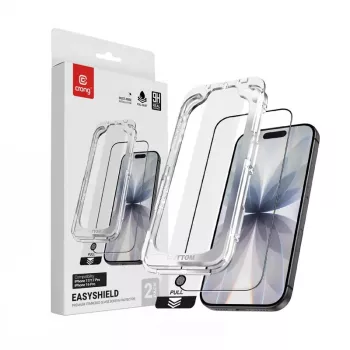 Película protetora de ecrã em vidro temperado Crong EasyShield 2-Pack para iPhone 17 / 17 Pro / 16 Pro, aluminossilicato, brilhante