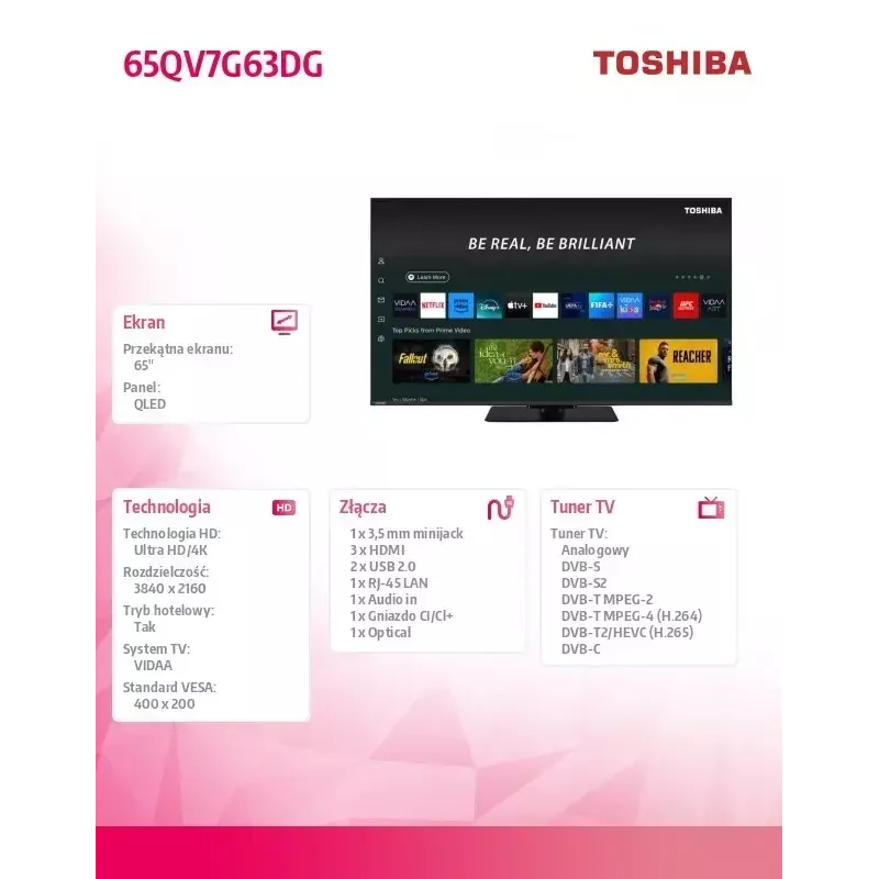 TV Toshiba 65 polegadas QLED 65QV7G63DG, ecrã de 65 polegadas