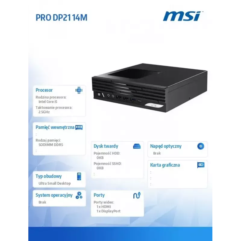 PC de secretária MSI PRO DP21 14M-243BEU — Intel Core i5-14400, Wi‑Fi, Bluetooth, preto
