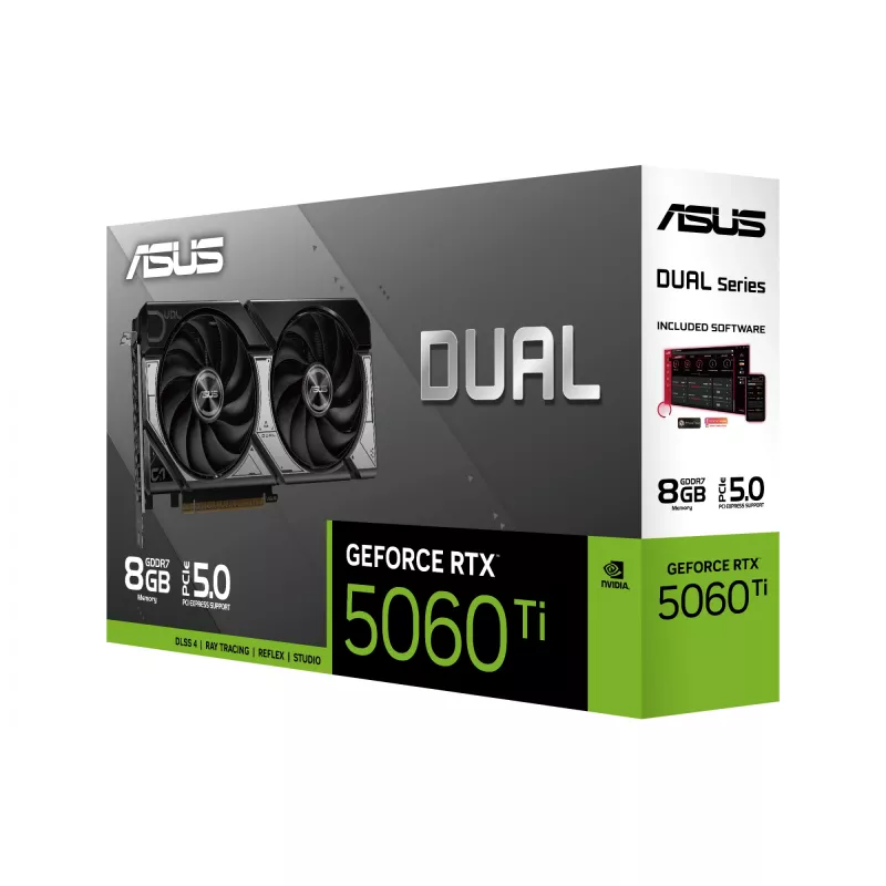 Placa gráfica ASUS GeForce RTX 5060 Ti Dual — 8 GB GDDR7, 128 bits, PCIe 5.0, refrigeração ativa (2 ventoinhas), máx. 7680×4320