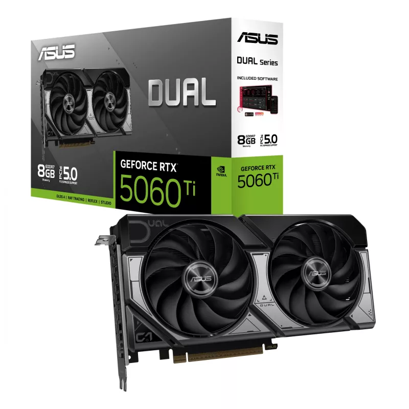 Placa gráfica ASUS GeForce RTX 5060 Ti Dual — 8 GB GDDR7, 128 bits, PCIe 5.0, refrigeração ativa (2 ventoinhas), máx. 7680×4320