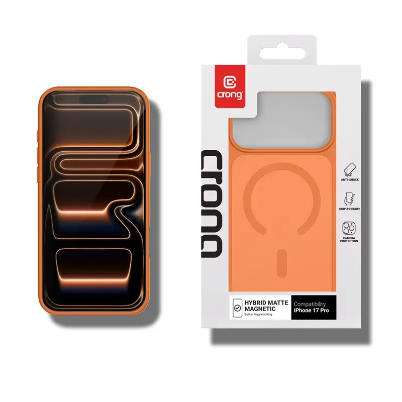 Capa Crong Hybrid Matte Magnetic MagSafe para iPhone 17 Pro — PC+TPU, laranja translúcido