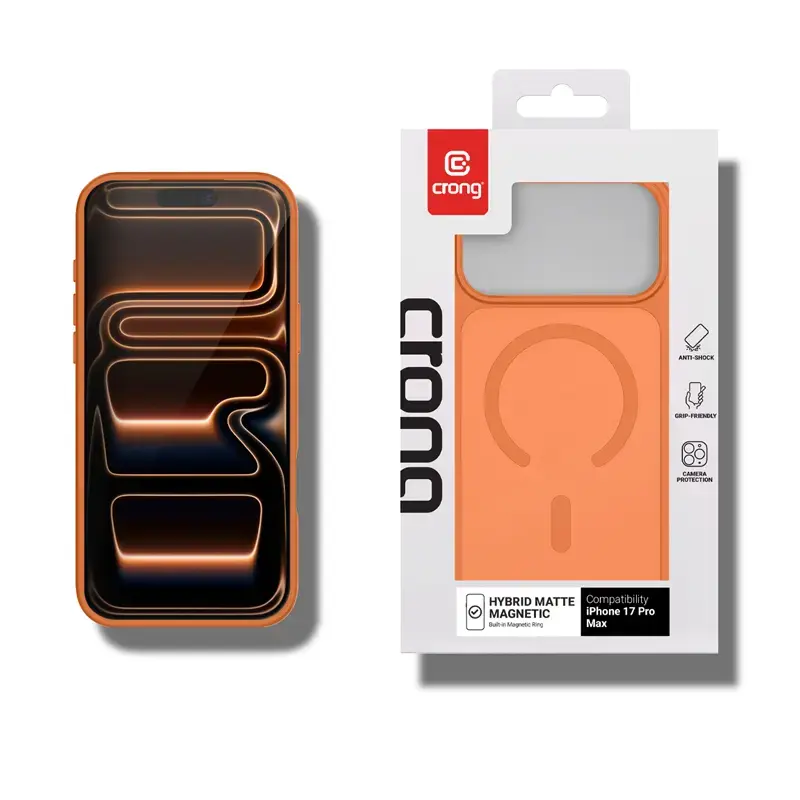 Capa Crong Hybrid Matte Magnetic MagSafe para iPhone 17 Pro Max – PC+TPU, laranja translúcido