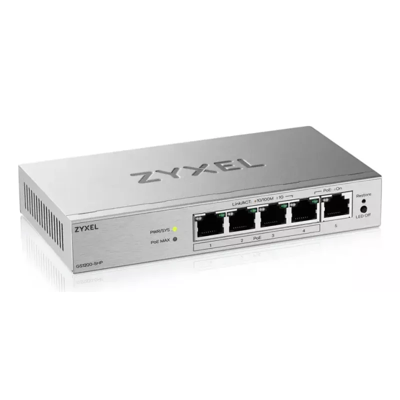 Switch gerido L2 Gigabit PoE de secretária Zyxel GS1200-5HPV3 — 5x Gigabit (10/100/1000), PoE, entrada DC, capacidade de comutação 10 Gbit/s