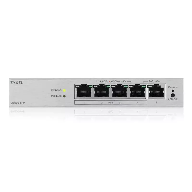 Switch gerido L2 Gigabit PoE de secretária Zyxel GS1200-5HPV3 — 5x Gigabit (10/100/1000), PoE, entrada DC, capacidade de comutação 10 Gbit/s