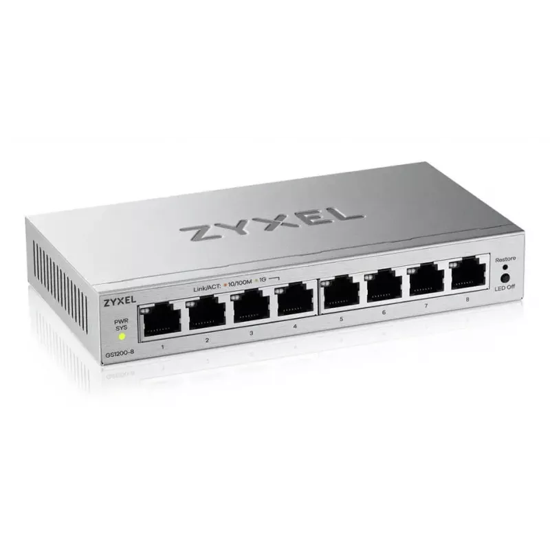 Switch gerido L2 Gigabit Ethernet Zyxel GS1200-8V3 — 8x RJ-45 10/100/1000, 16 Gbit/s, MAC 4000, secretária, cinzento