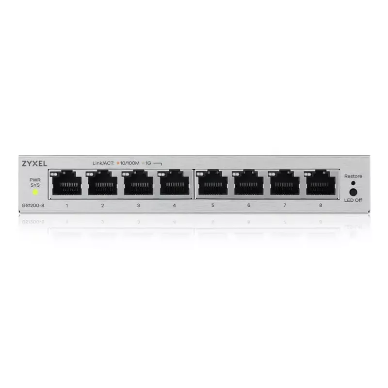 Switch gerido L2 Gigabit Ethernet Zyxel GS1200-8V3 — 8x RJ-45 10/100/1000, 16 Gbit/s, MAC 4000, secretária, cinzento