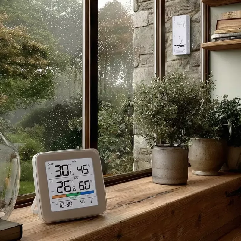 Estação meteorológica sem fios GreenBlue GB169 — temperatura e humidade interior/exterior, relógio, alarme, alcance até 60 m, °C/°F selecionável