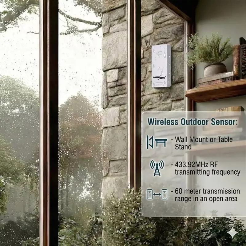 Estação meteorológica sem fios GreenBlue GB169 — temperatura e humidade interior/exterior, relógio, alarme, alcance até 60 m, °C/°F selecionável