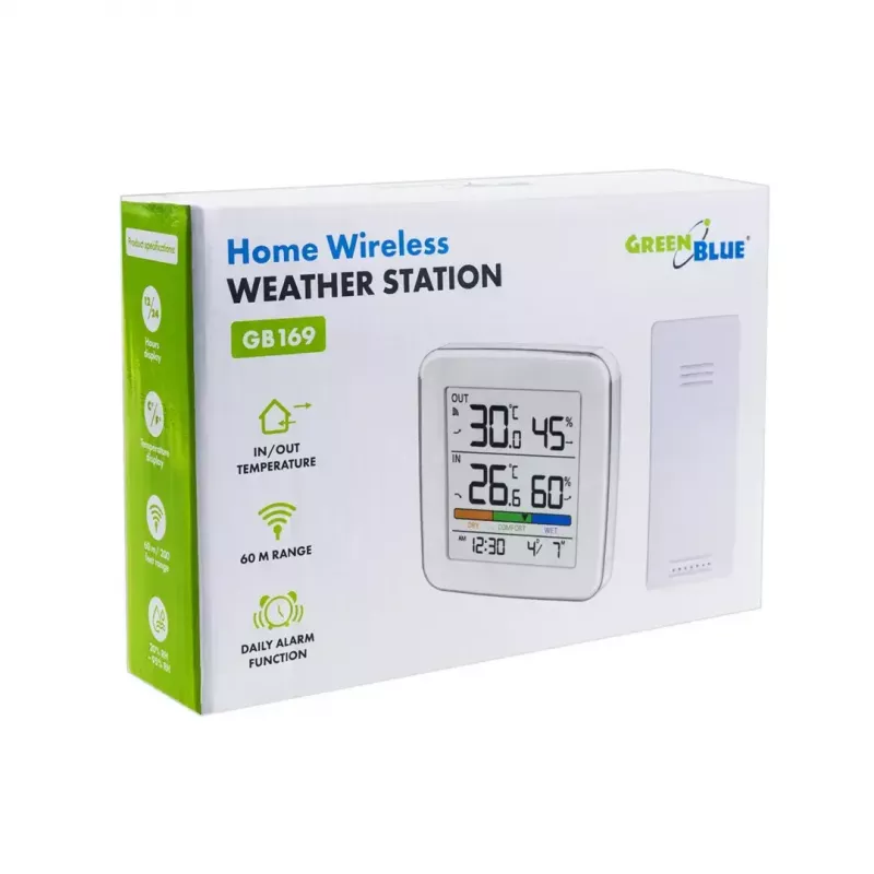 Estação meteorológica sem fios GreenBlue GB169 — temperatura e humidade interior/exterior, relógio, alarme, alcance até 60 m, °C/°F selecionável