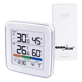 Estação meteorológica sem fios GreenBlue GB169 — temperatura e humidade interior/exterior, relógio, alarme, alcance até 60 m, °C/°F selecionável