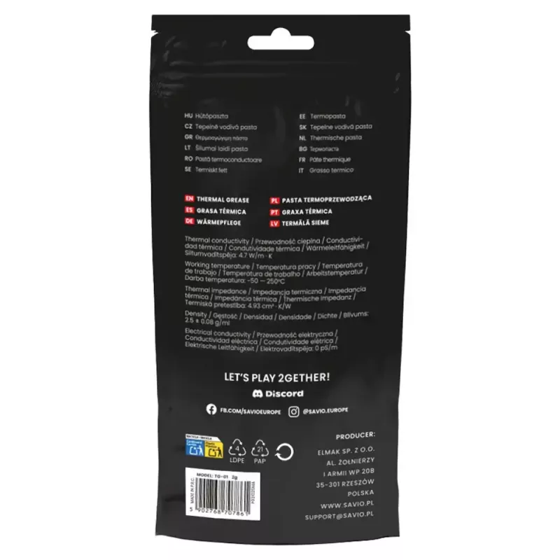 Savio TG-01 pasta térmica, 2 g, 4,7 W/m·K