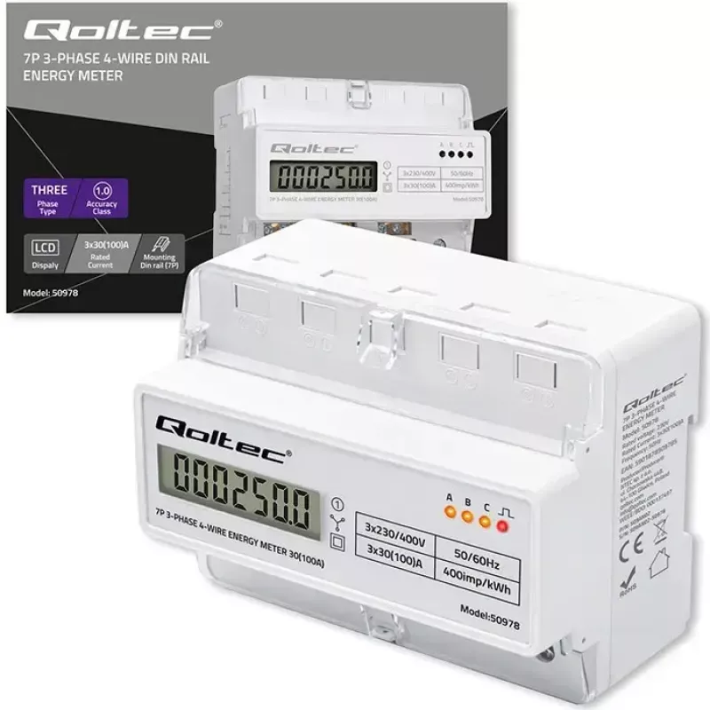 Contador de energia trifásico para calha DIN QOLTEC 50978 — 400 V, 100 A