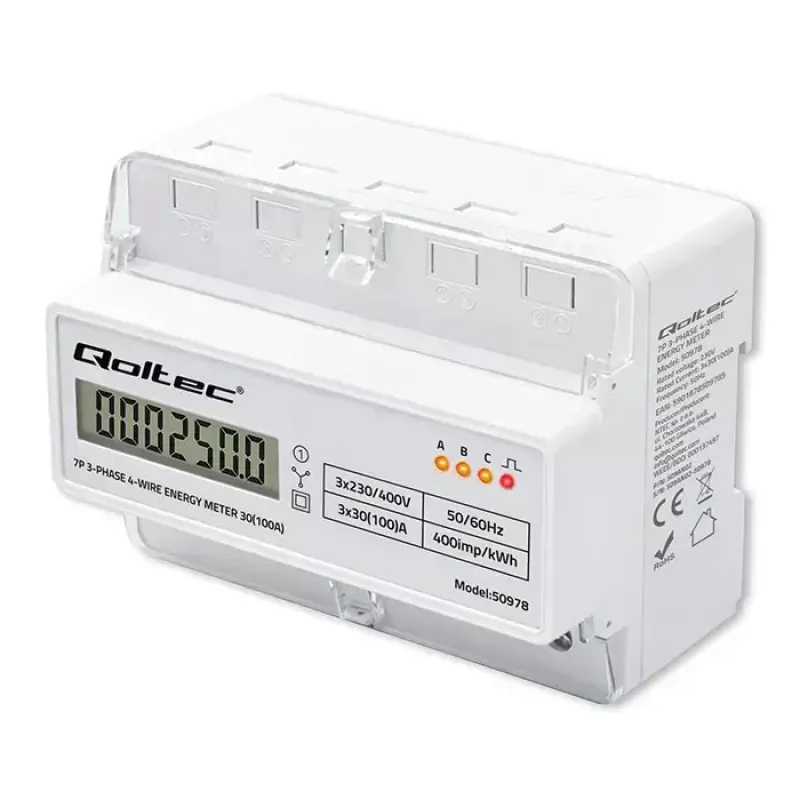 Contador de energia trifásico para calha DIN QOLTEC 50978 — 400 V, 100 A