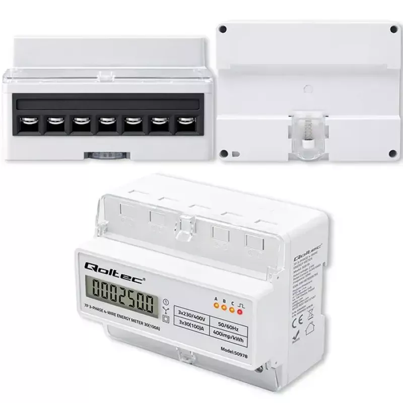 Contador de energia trifásico para calha DIN QOLTEC 50978 — 400 V, 100 A