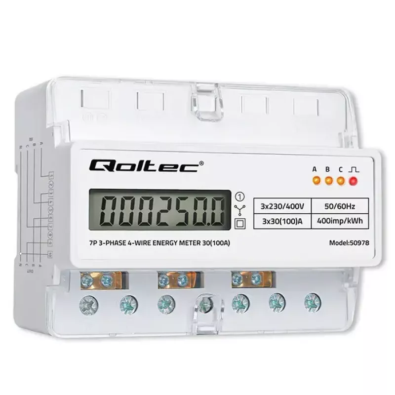 Contador de energia trifásico para calha DIN QOLTEC 50978 — 400 V, 100 A