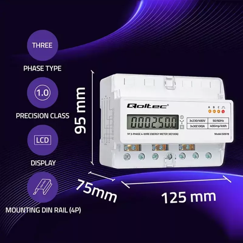Contador de energia trifásico para calha DIN QOLTEC 50978 — 400 V, 100 A