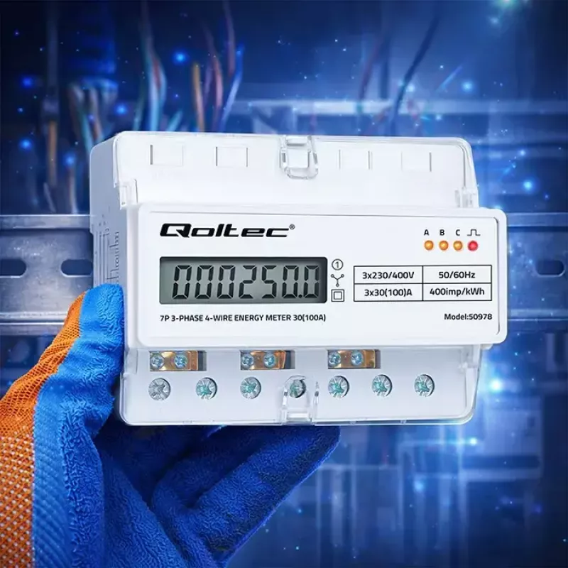 Contador de energia trifásico para calha DIN QOLTEC 50978 — 400 V, 100 A