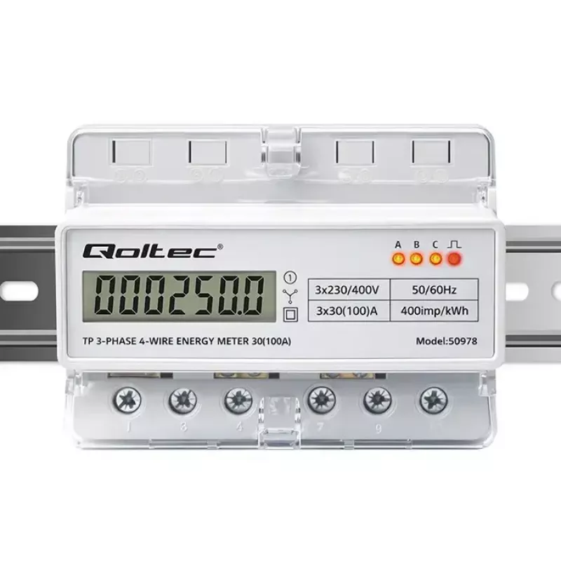 Contador de energia trifásico para calha DIN QOLTEC 50978 — 400 V, 100 A