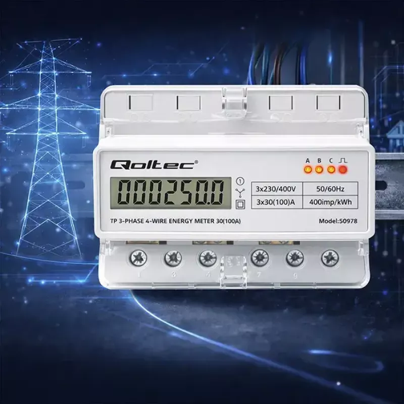 Contador de energia trifásico para calha DIN QOLTEC 50978 — 400 V, 100 A
