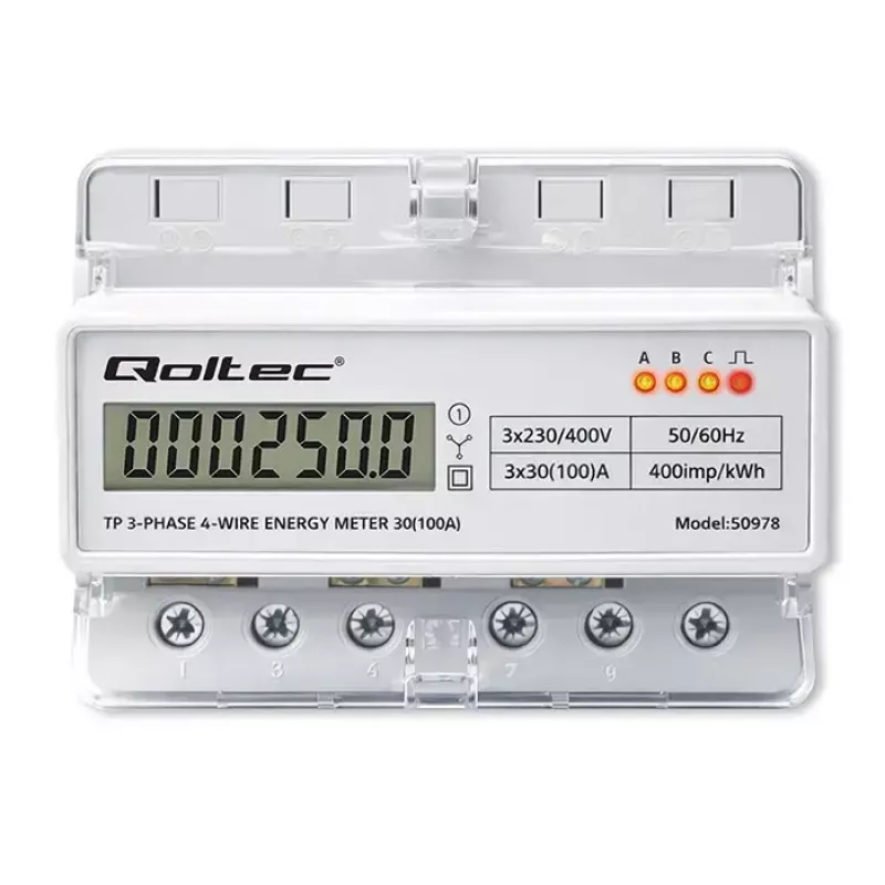 Contador de energia trifásico para calha DIN QOLTEC 50978 — 400 V, 100 A