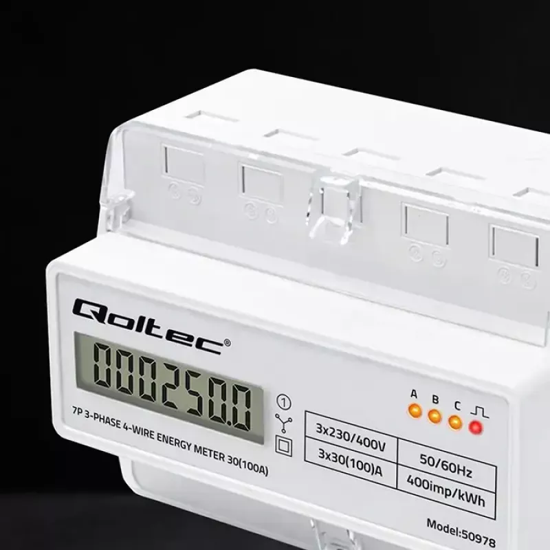 Contador de energia trifásico para calha DIN QOLTEC 50978 — 400 V, 100 A