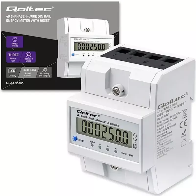 Contador de energia trifásico QOLTEC 50980 — 400 V, 100 A com reset