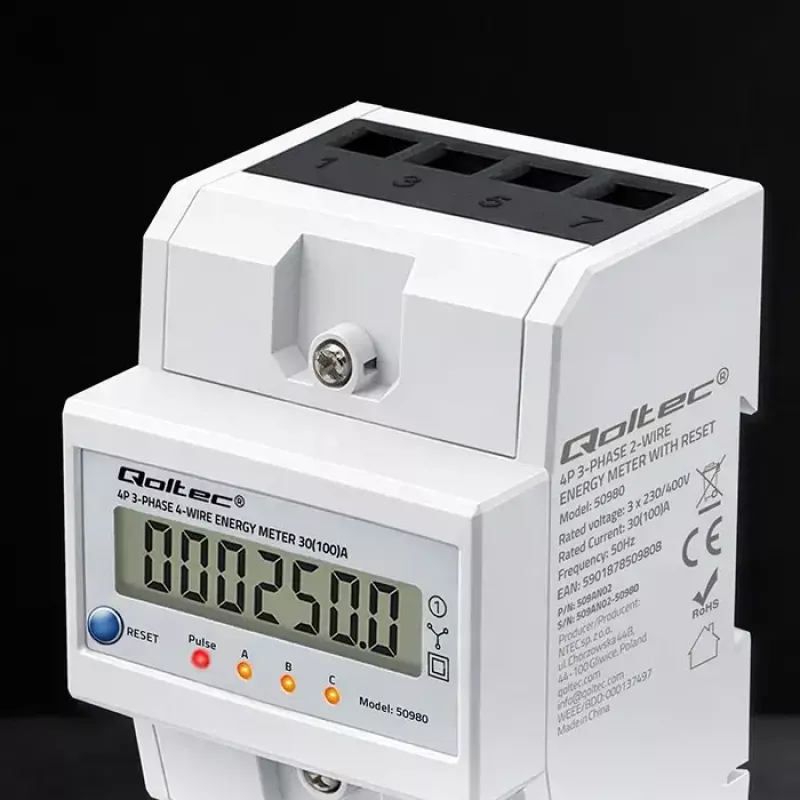 Contador de energia trifásico QOLTEC 50980 — 400 V, 100 A com reset