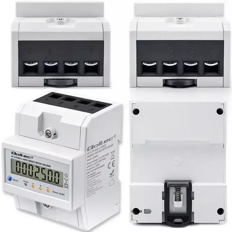 Contador de energia trifásico QOLTEC 50980 — 400 V, 100 A com reset