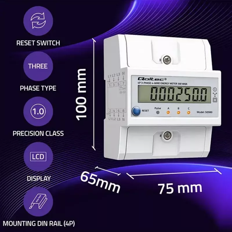 Contador de energia trifásico QOLTEC 50980 — 400 V, 100 A com reset