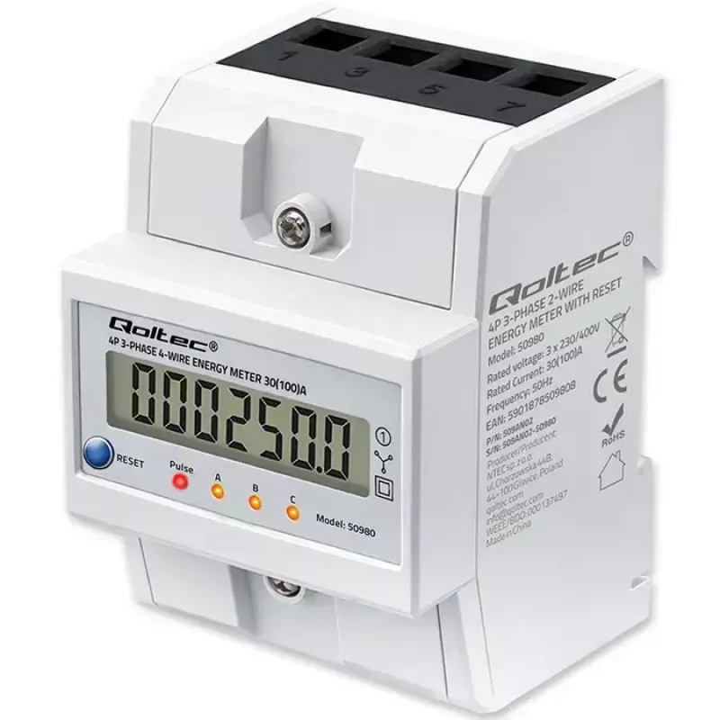 Contador de energia trifásico QOLTEC 50980 — 400 V, 100 A com reset