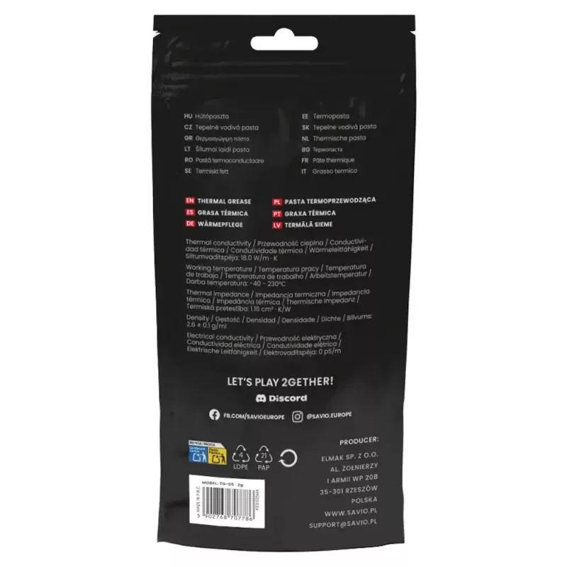 Pasta térmica SAVIO TG-05 2g — condutividade térmica 18 W/m·K, 2 ml
