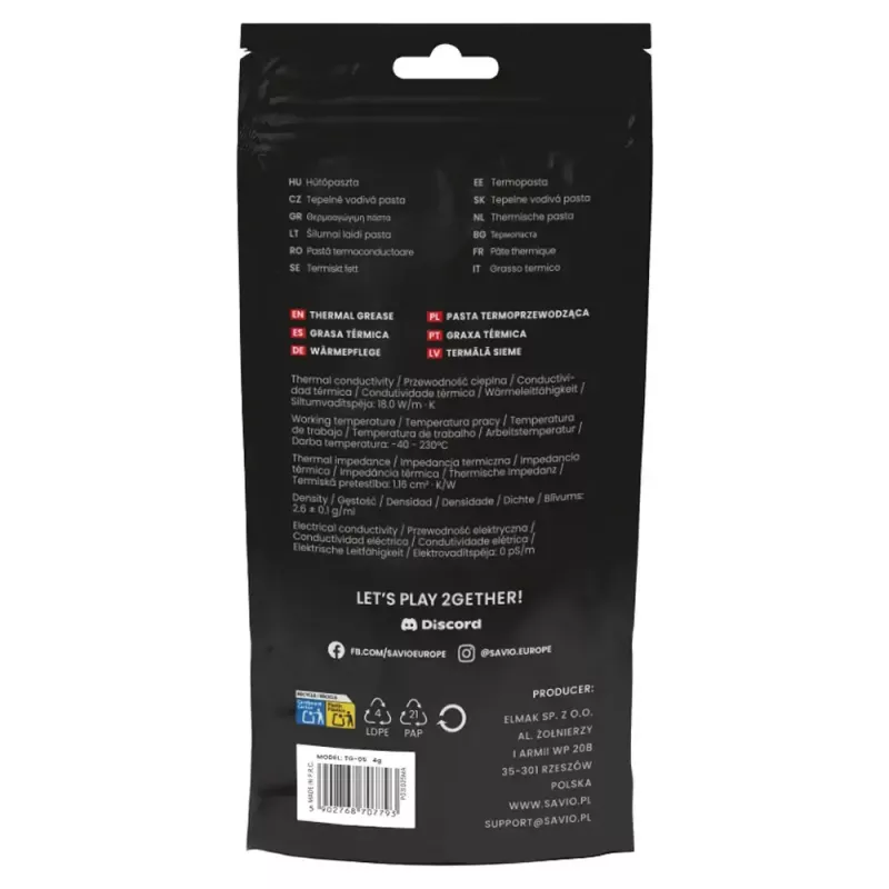 Pasta térmica SAVIO TG-05 4g — condutividade térmica 18 W/m·K, viscosidade 2,6 g/ml