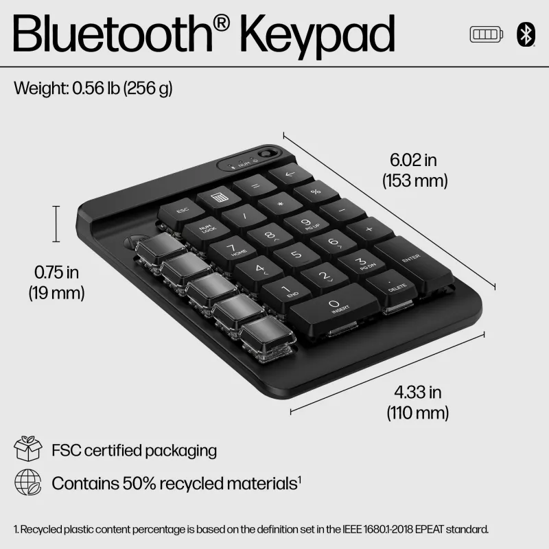 Teclado numérico sem fios programável HP 430, sem fios, Bluetooth, mecânico, preto