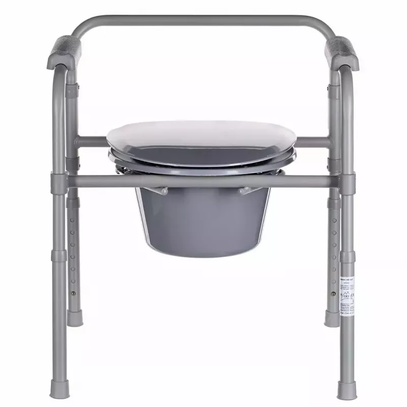 Cadeira sanitária dobrável ANTAR com braços, caixa de armazenamento, estrutura em aço, altura ajustável 35–50 cm, carga máx. 120 kg, cinzento