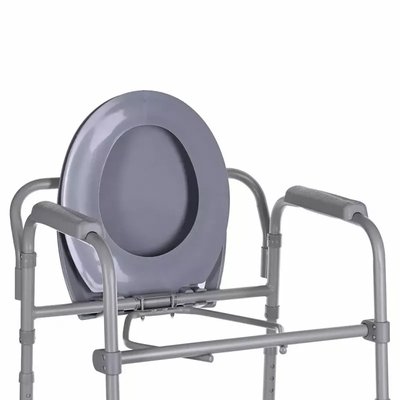 Cadeira sanitária dobrável ANTAR com braços, caixa de armazenamento, estrutura em aço, altura ajustável 35–50 cm, carga máx. 120 kg, cinzento
