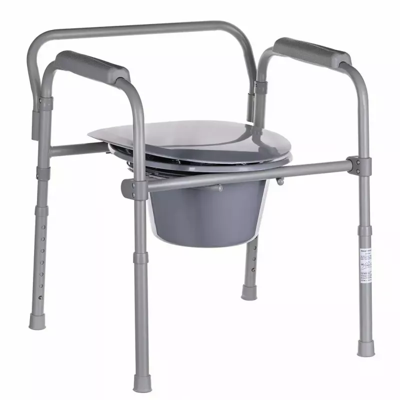 Cadeira sanitária dobrável ANTAR com braços, caixa de armazenamento, estrutura em aço, altura ajustável 35–50 cm, carga máx. 120 kg, cinzento